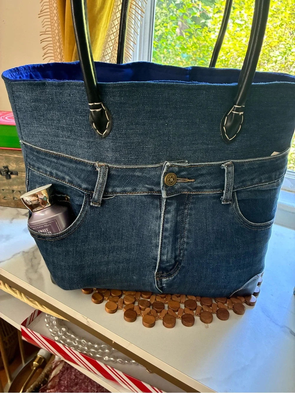 Dark Blue Denim Tote with Black Handles